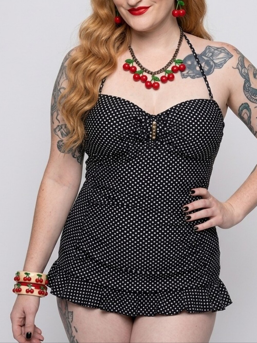 Pin-up Style Polka Dot One-Piece Swimsuit Small (6) Gold & Pearl Detail